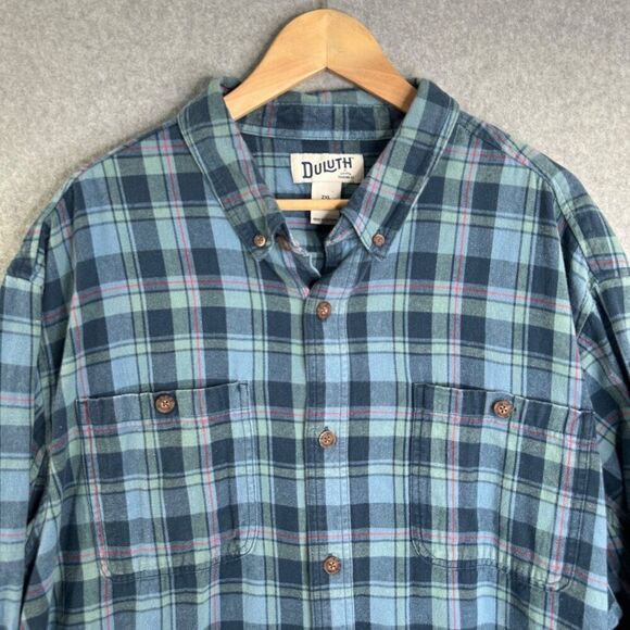 Men's Duluth Trading Company 2XL Blue Plaid Flannel Long Sleeve Shirt Button - Picture 2 of 13